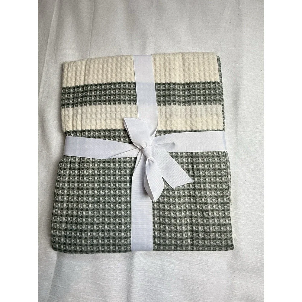 Southern Living Alcott Cotton Stripe Fringe Throw In Green And Cream New